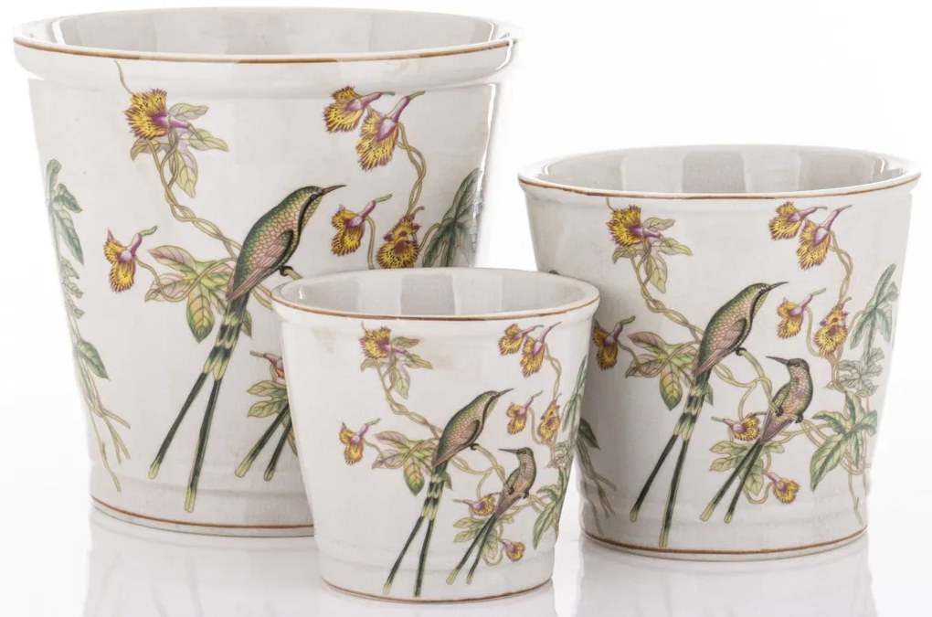 Törtfehér vintage szögletes porcelán 3db-os virágtartó kaspó szett kolibrikkel festve 12x13,5x13,5 / 17,5x16x16 / 21x23x23cm