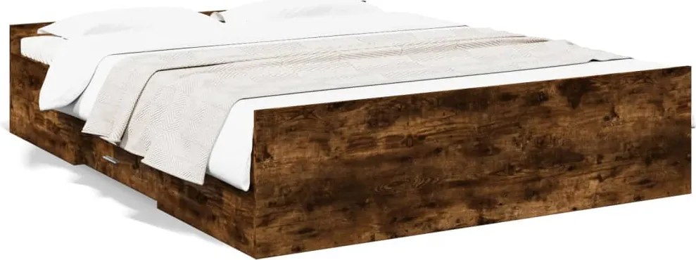 vidaXL füstös tölgy színű szerelt fa ágykeret fiókokkal 150x200 cm