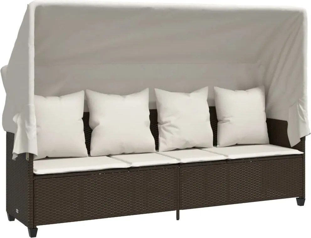 vidaXL barna polyrattan napozóágy tetővel és párnával