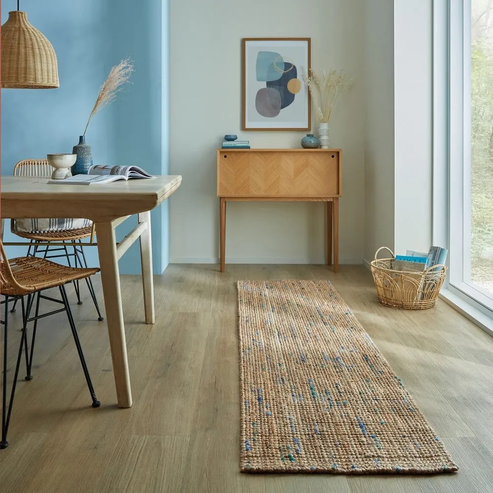 Kék-natúr színű kézi szövésű juta futószőnyeg 60x230 cm Jute Boucle Blue – Flair Rugs