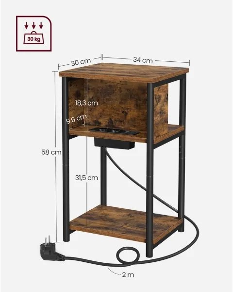 Oldalsó asztal beépített konnektorokkal és USB-portokkal ROD barna/fekete