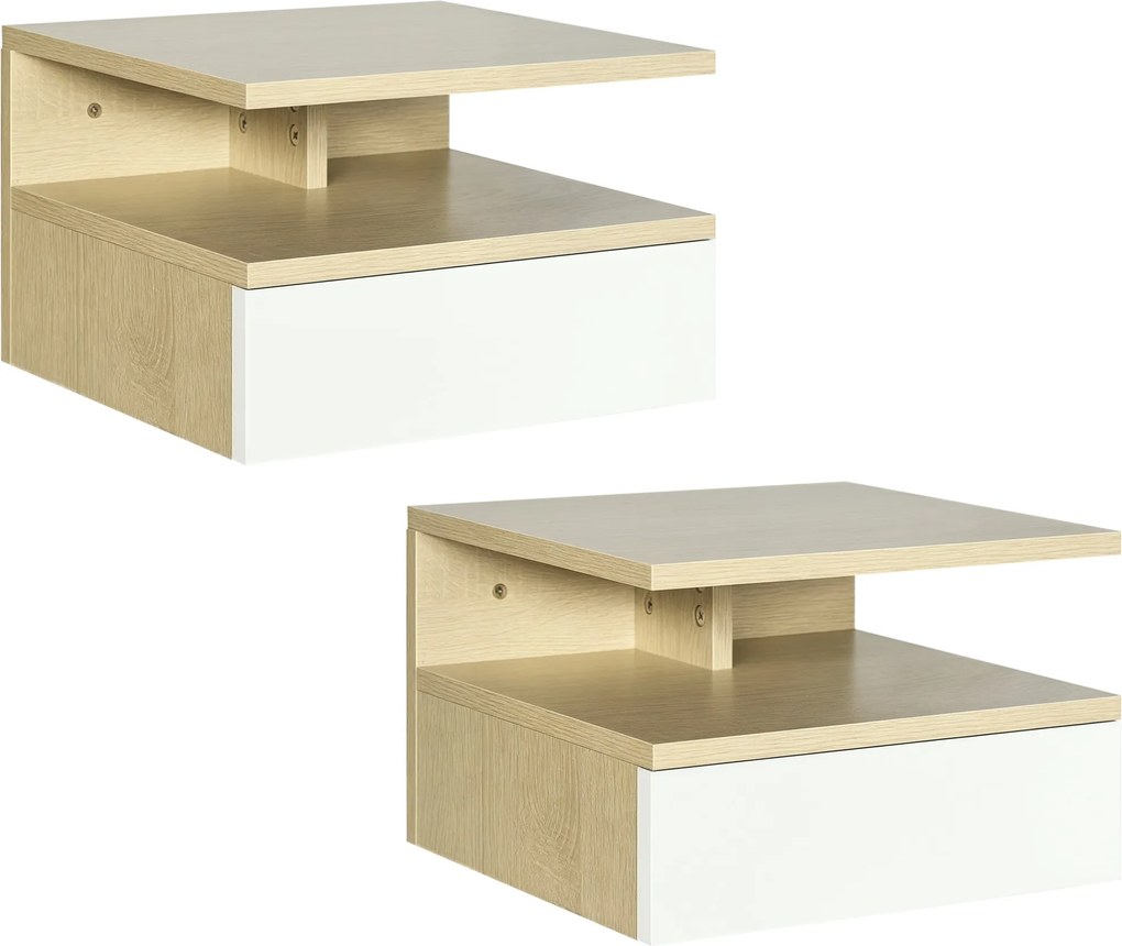 HOMCOM 2 db Falra Szerelhető Éjjeliszekrény 1 Fiókkal és Nyitott Polccal 35x32x22.5 cm Tölgy és Fehér | Aosom