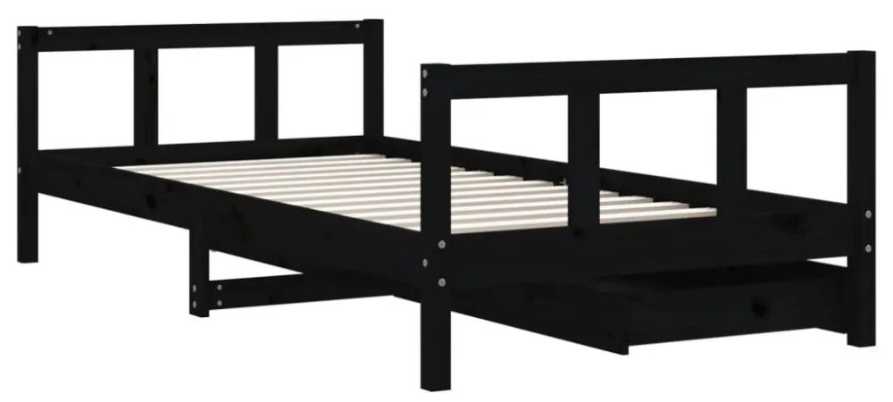 fekete tömör fenyőfa gyerekágy keret fiókkal 90x190 cm