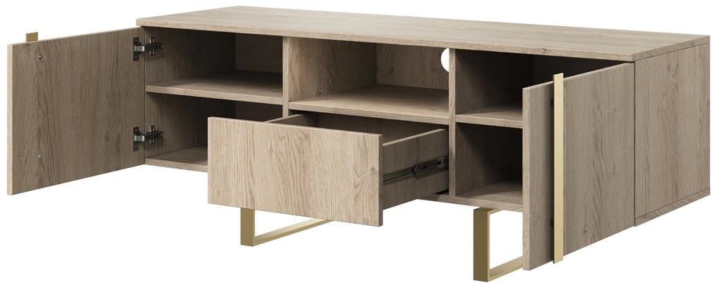 Verica 150 cm-es TV-szekrény nyitott polccal - szivacsos tölgy / arany lábak