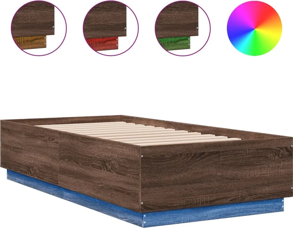 vidaXL barna tölgyszínű szerelt fa ágykeret LED-del 75 x 190 cm