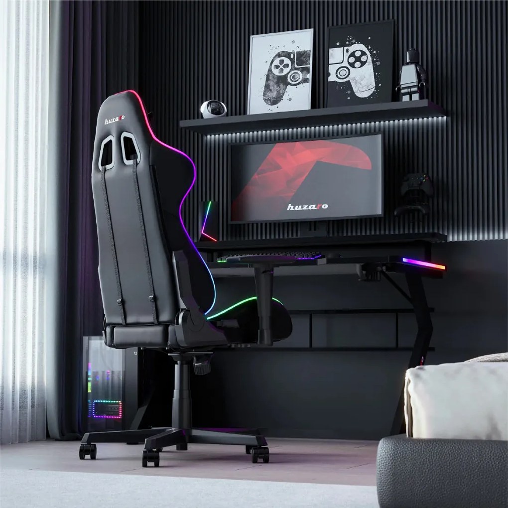 Gamer asztal számítógépasztal monitor állvánnyal, 120x60x69,5cm, alumínium / HDF, RGB LED fekete.