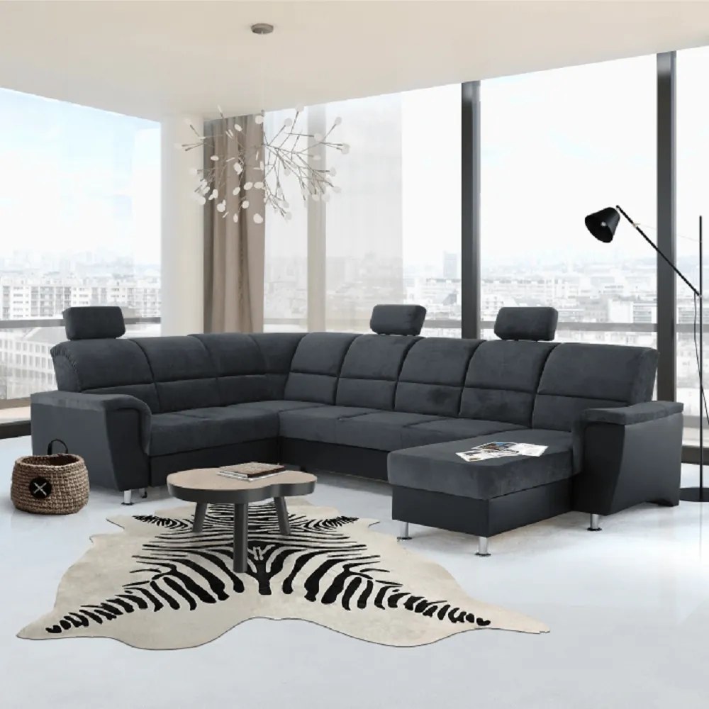 Ülőgarnitúra, műbőr fekete/szövet sötétszürke, balos, SANTIAGO U