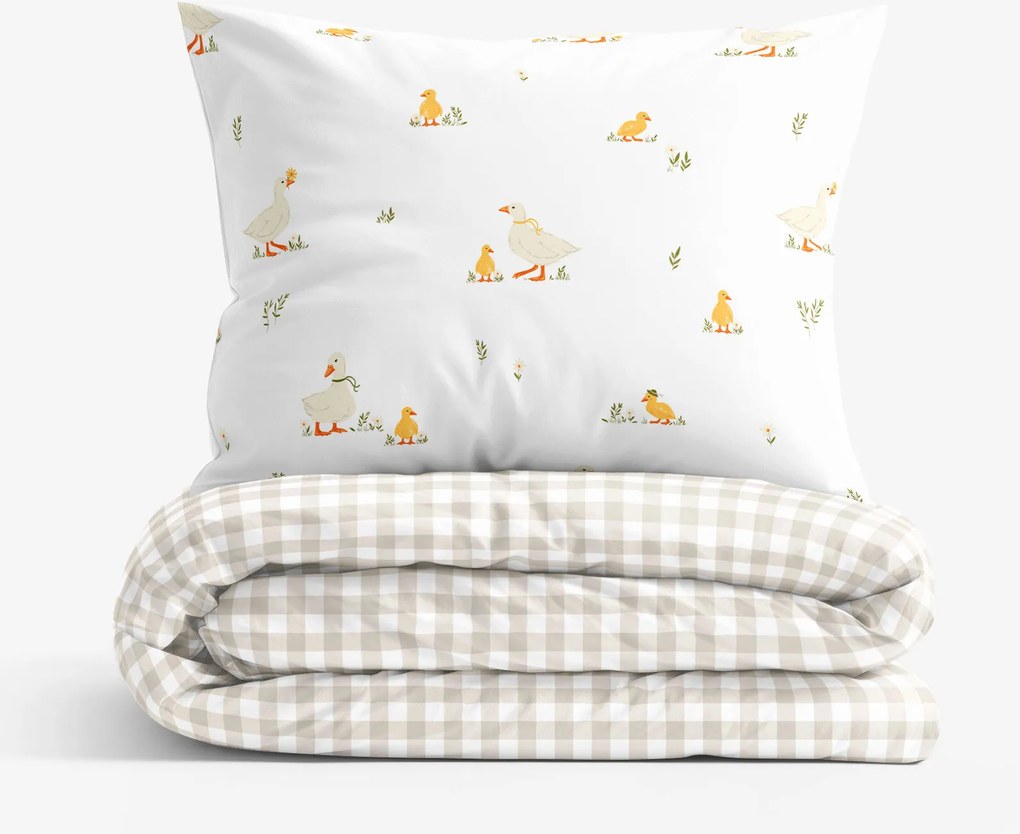 Goldea pamut ágyneműhuzat - kacsák és kockás latte 220 x 200 és 2db 70 x 80 cm