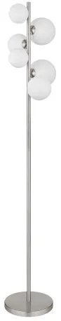 Globo 56140-6S Állólámpa fém matt nikkel, fehérüveg, fekete PVC kábel, lábkapcsoló a kábelben, HxSzxM: 295x280x1550mm, kábelhossz 1800mm, üveg átmérő: 2x10cm, 2x12cm, 2x15 cm, 6x G9 LED 3.5W 350lm forrás, 310lm kimenet, 3000K