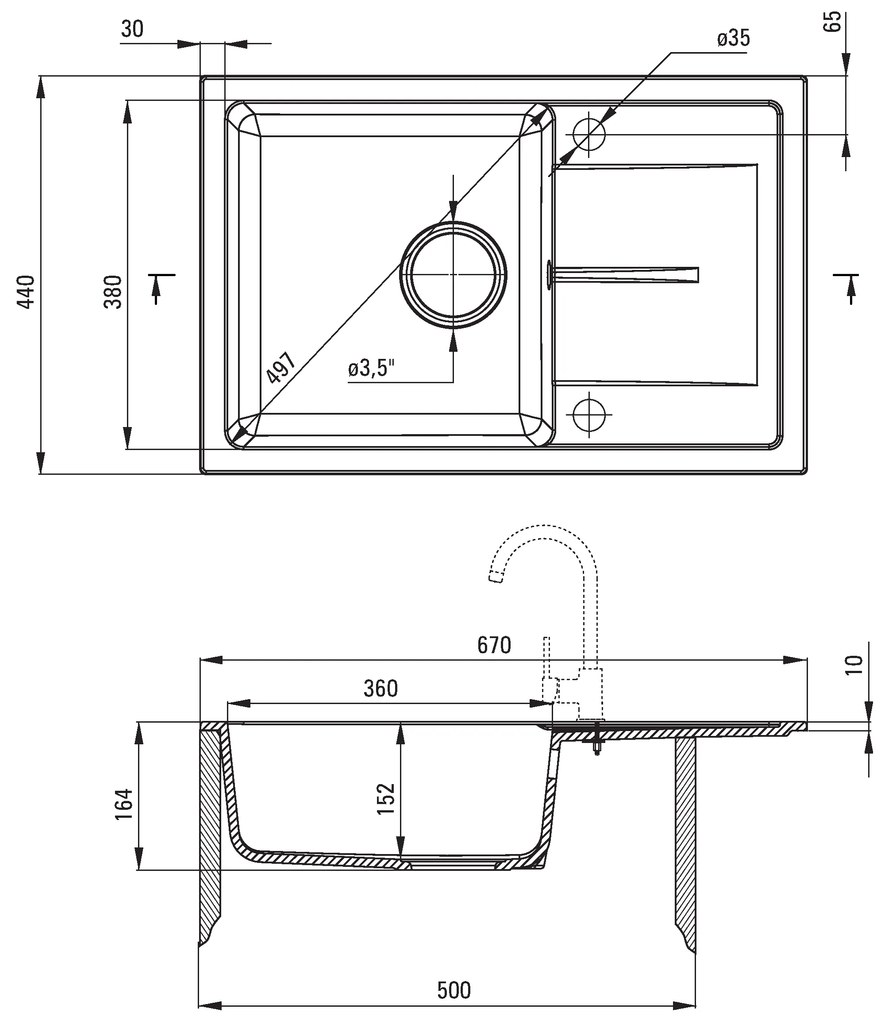 Deante Leda, gránit 1-kamrás mosogató tányérhoz 670x440x164 mm + mosogató keverő flexi karral N72M fekete + szifon, fekete, ZRDP2113