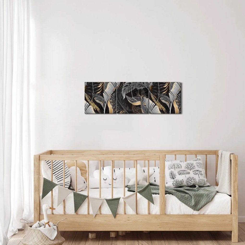 Kép - Trópusi levelek fekete és arany színben (órával) (90x30 cm)