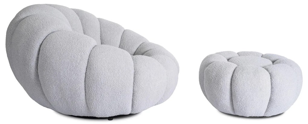 Designer Fotel Lábtartóval Szürke Bouclé Szövettel. PETTIT