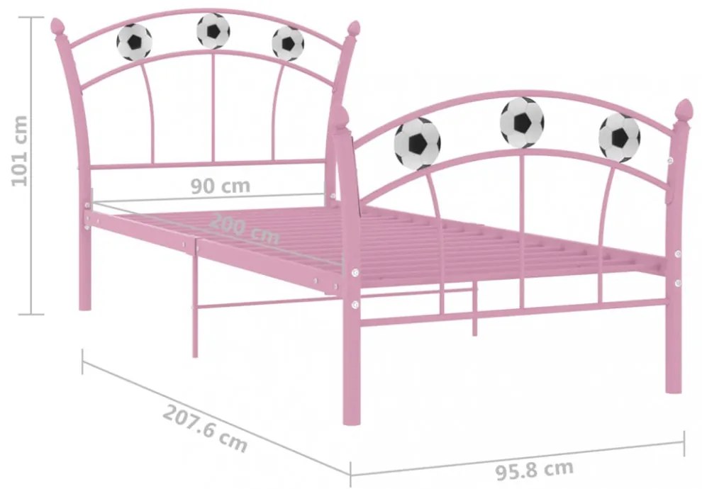 rózsaszín fém ágykeret focis dizájnnal 90 x 200 cm