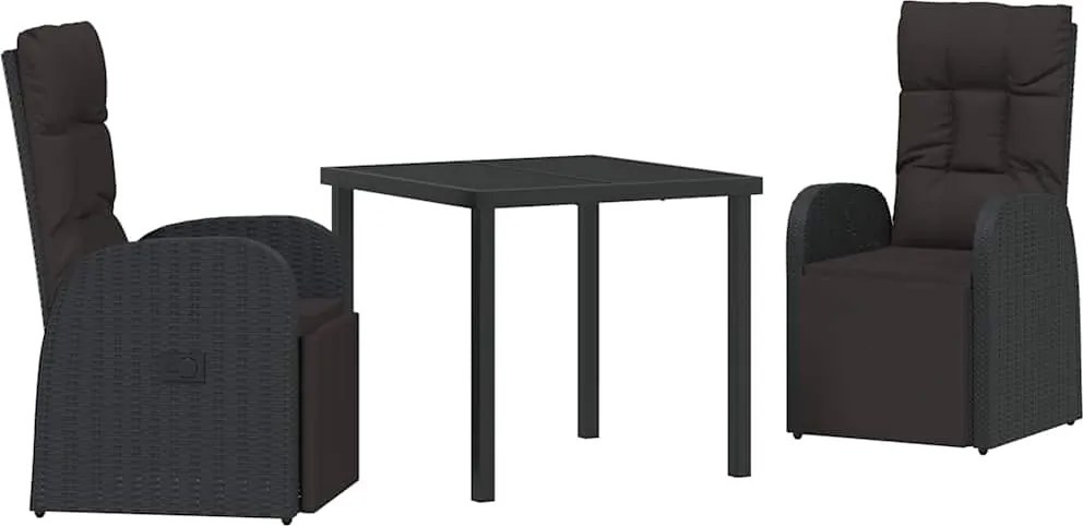 vidaXL Kert étkező szett párnával 3 pcs Fekete polirattan