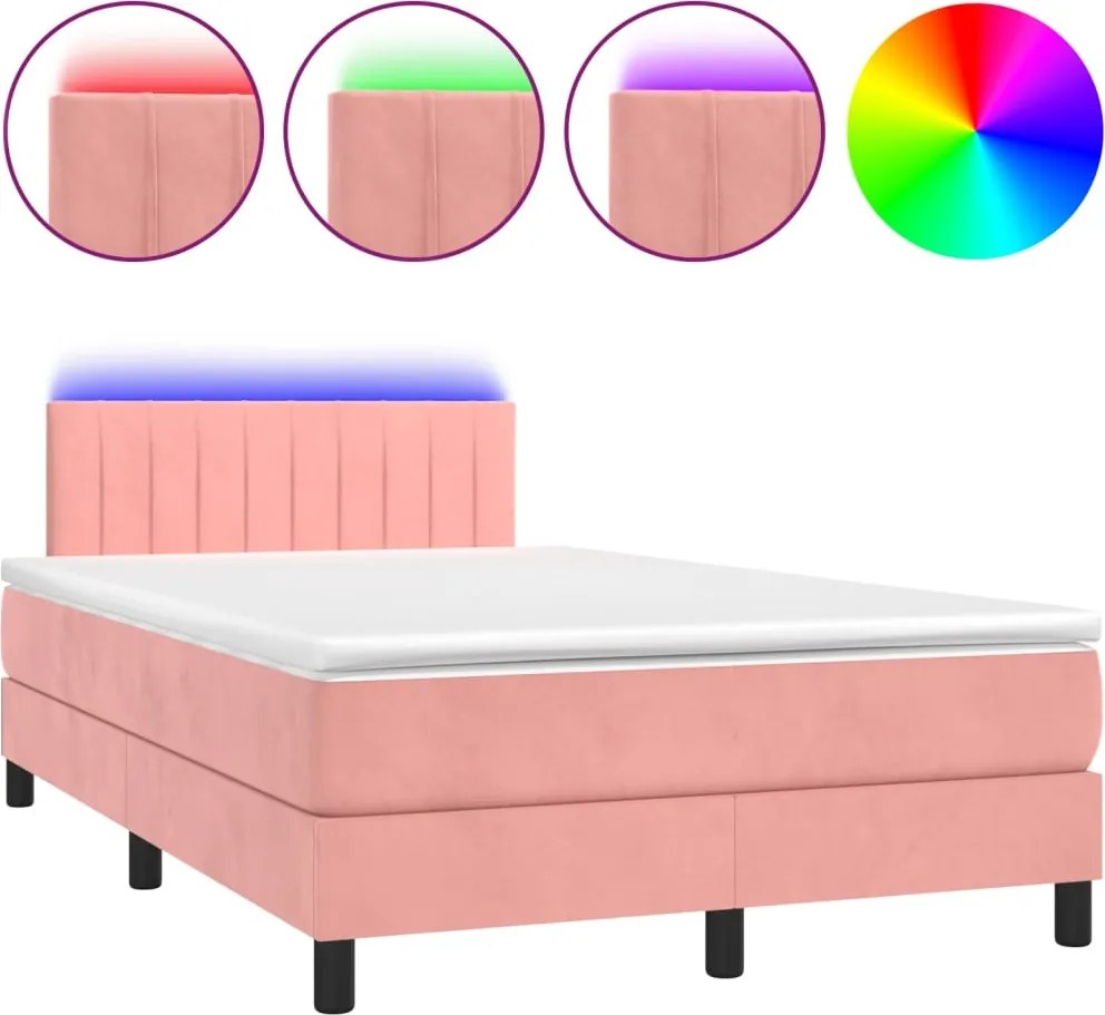 vidaXL rózsaszín bársony rugós és LED-es ágy matraccal 120x200 cm