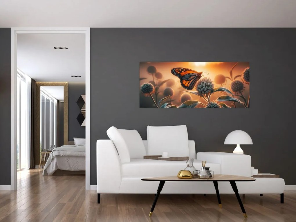 Kép – Pillangó a lenyugvó napban (120x50 cm)