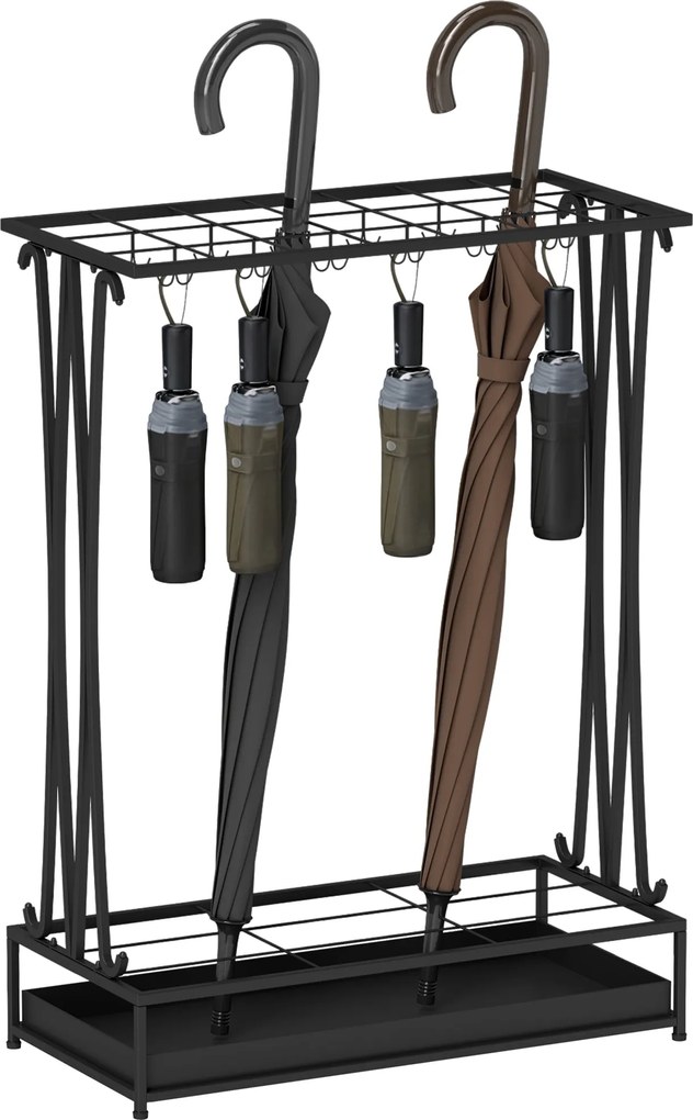 HOMCOM Fém Esernyő Tartó, Téglalap Alakú Esőernyő Állvány 24 Horoggal, 21 Nyílással, Kivehető Vízgyűjtő Tálcával 50 x 24 x 68 cm Fekete | Aosom
