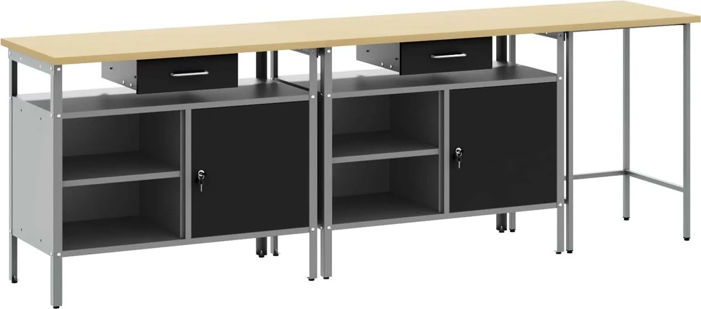 vidaXL Munkapad készlet fiókkal 3 pcs Fekete és Szürke Porszórt acél
