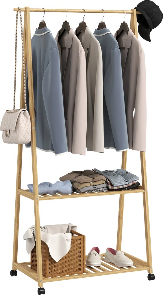 HOMCOM Bambusz Ruhatartó Kerekekkel, 2 Nyitott Polccal és 2 Horoggal - Ruhatartó Előszobába, Folyosóra, Hálószobába - 84,5x43,5x158 cm Természetes | A