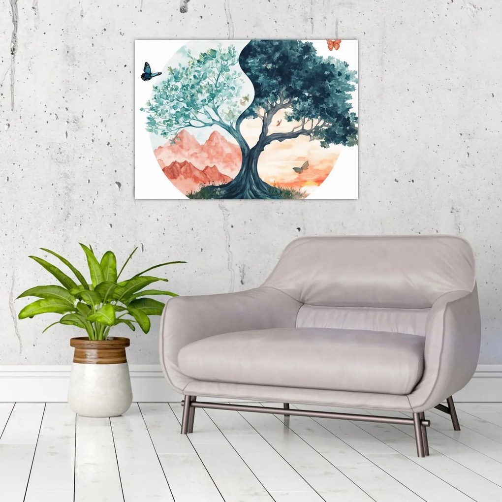 Üveg kép – Akvarellfa tele élettel (70x50 cm)