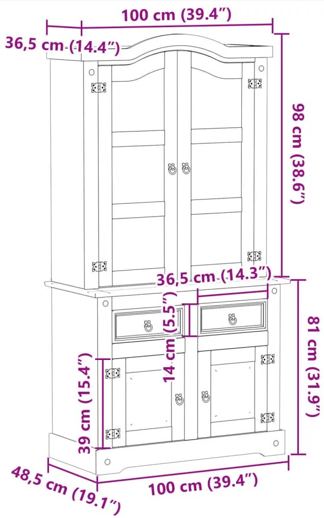 Corona tömör fenyőfa vitrinszekrény 100 x 48,5 x 179 cm