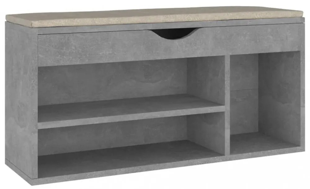 betonszürke szerelt fa cipőtároló pad párnával 104 x 30 x 49 cm