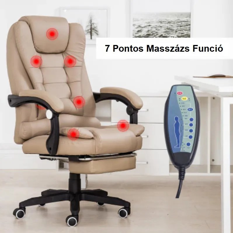 Főnöki-vezetői irodai forgószék masszázs funkcióval, lábtartóval - Khaki