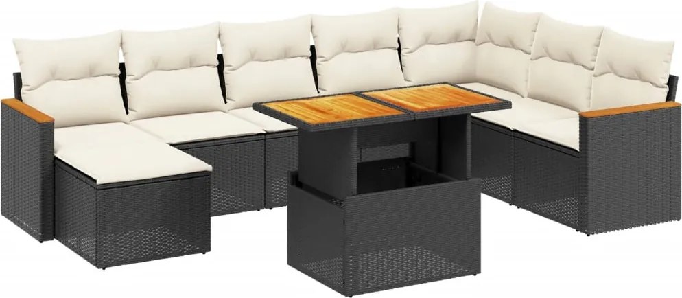 vidaXL 9 részes fekete polyrattan kerti ülőgarnitúra párnákkal