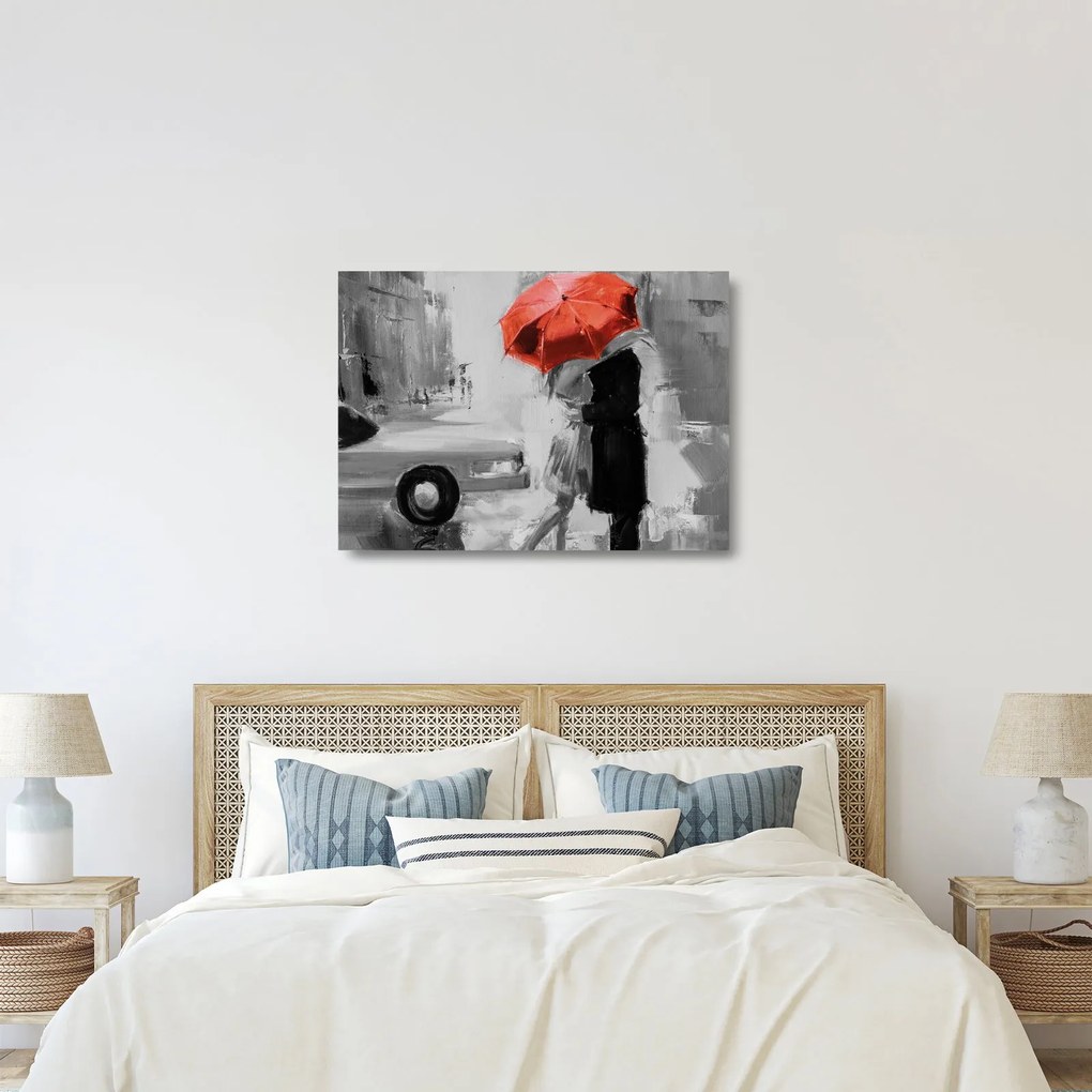 Üveg kép - Szerelmespár egy esernyő alatt, piros (70x50 cm)