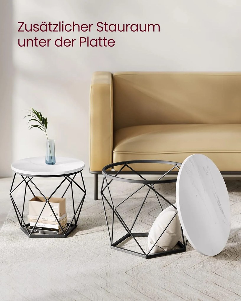 Dohányzóasztal, 2 oldalsó asztal, robusztus acél váz, fehér-fekete