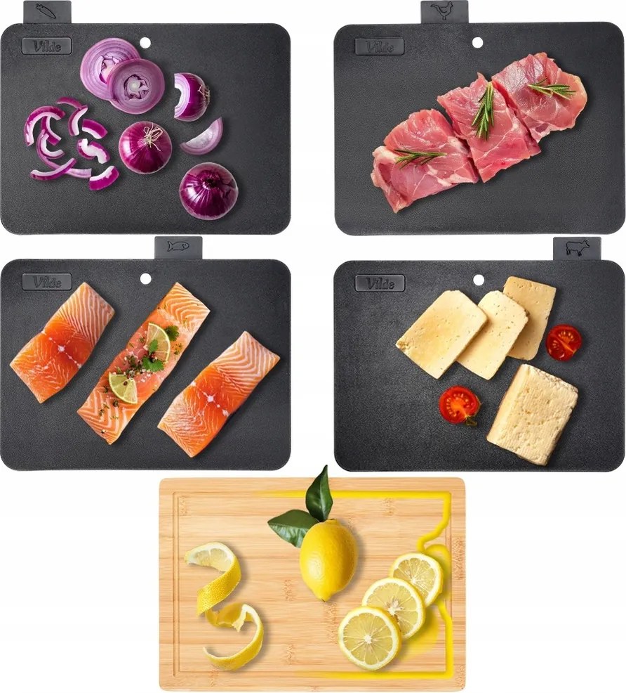 4x Konyhai vágódeszka műanyag fekete ételosztó szett