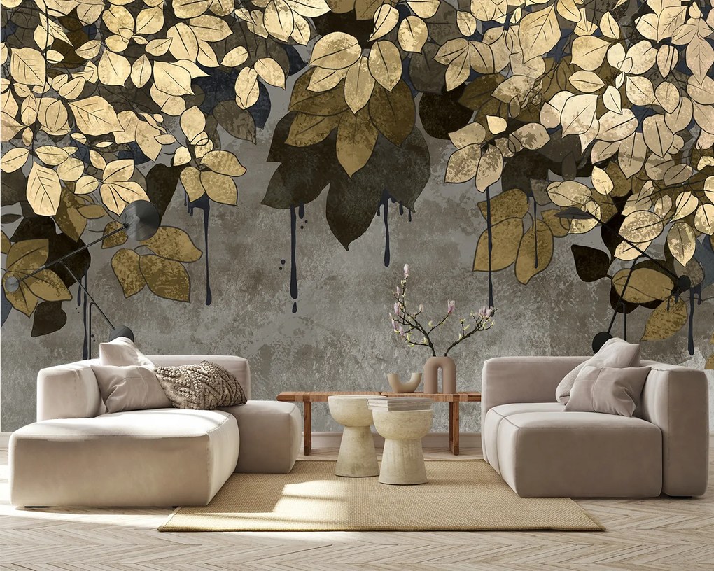 Gario Fotótapéta Arany levelek beton alapon Anyag: Vlies, Méret: 150 x 105 cm