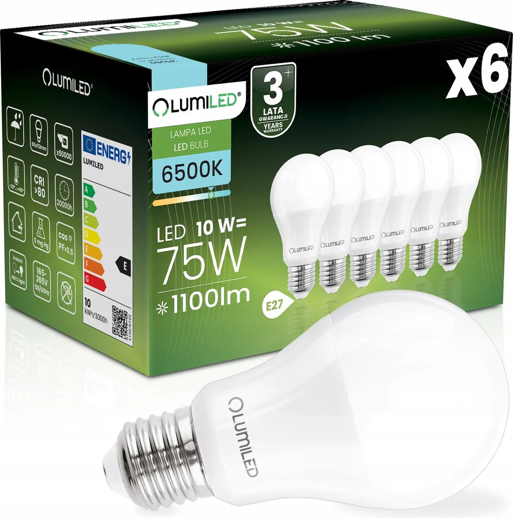 6x Led izzó E27 10W 75W 1100lm 6500K Hideg Fehér Prémium EMC2 Lumiled