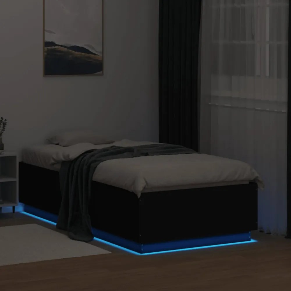fekete szerelt fa ágykeret LED-del 75x190 cm