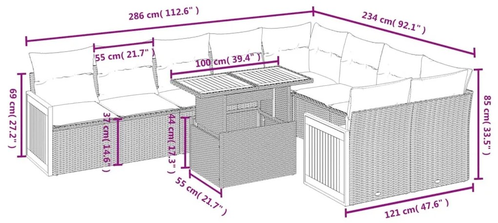10 részes fekete polyrattan kerti ülőgarnitúra párnákkal