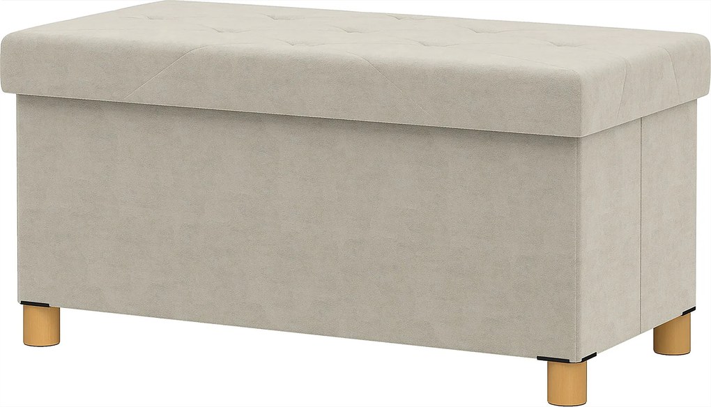 HOMCOM Összecsukható Tároló Puff 67L, Puff Párnázott Tetővel és Bársonyos Borítással, 76x38x38cm, Krémfehér | Aosom