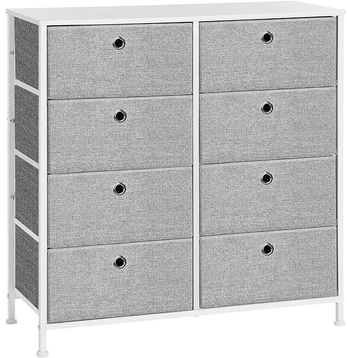 Komód, tárolóegység 8 könnyen kihúzható textilfiókkal, világosszürke és fehér színben