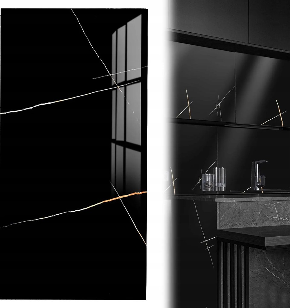 Falpanel Öntapadós Pvc Csempe Fekete Márvány CSÍKOS60x30cm FÉNYES10X