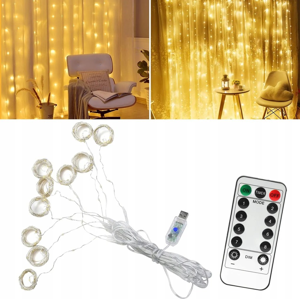 Fényfüggöny 300 Led Karácsonyi Lámpák Girland Fehér Meleg