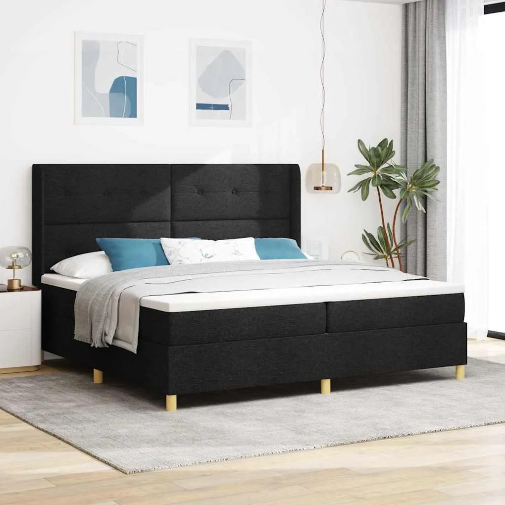 Boxrugós ágy matracmal Fekete 200 x 200 cm szövet
