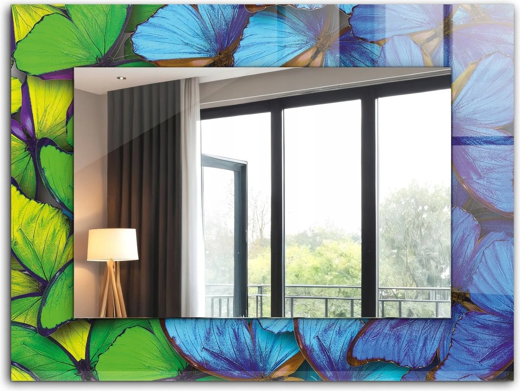 Dekoratív fali tükör nyomott mintás dekor 80x60 Kék és zöld pillangók