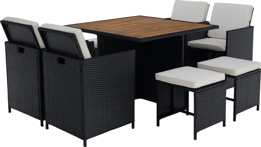 Kerti rattan szett, akácfa, fekete/krémszínű/természetes, MELFORD