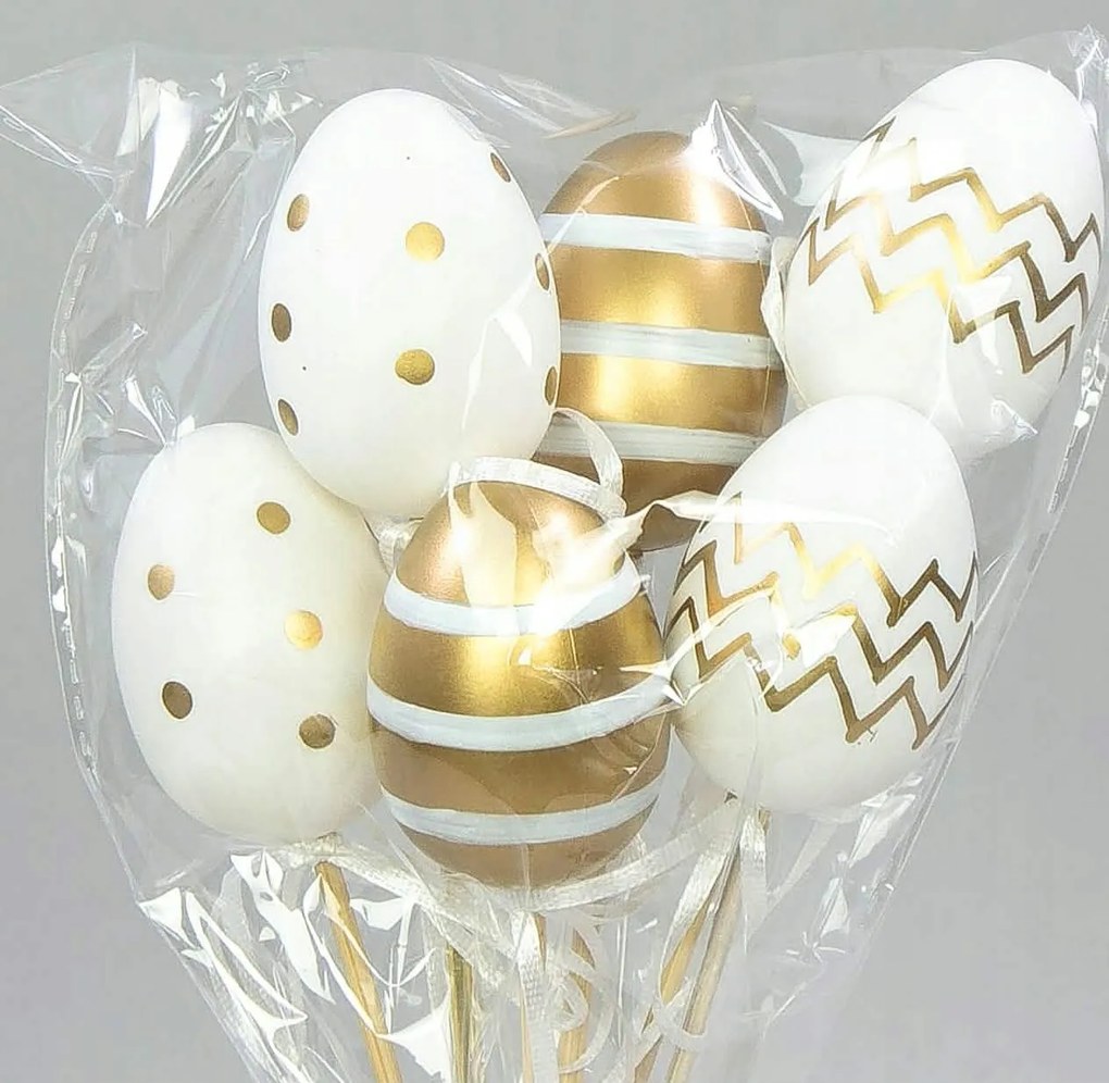 Tojás műanyag fehér 6 db-os csúcsos csíkos, pöttyös, 26cm.