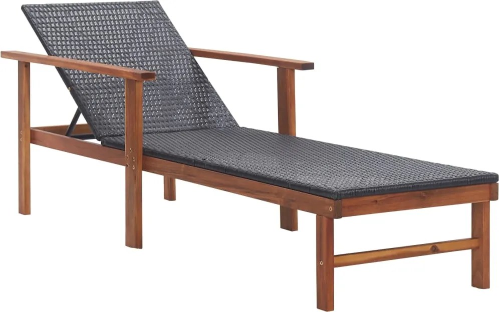 vidaXL fekete polyrattan és tömör akácfa napozóágy párnával