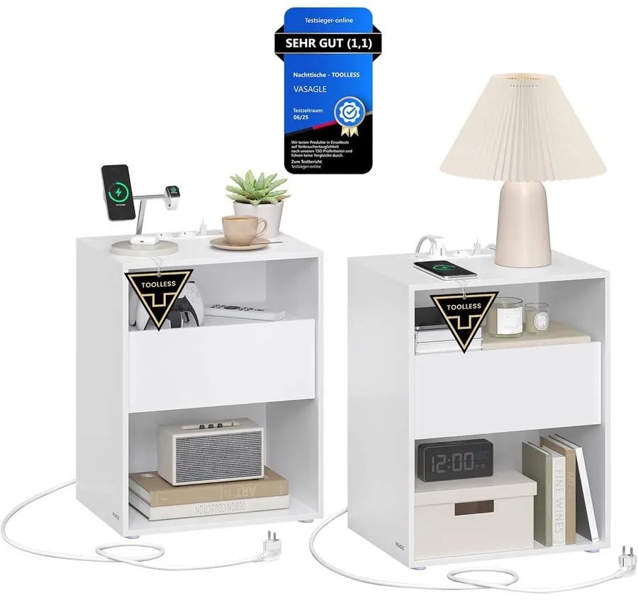 VASAGLE éjjeliszekrény 2 darabos szett beépített töltőfunkcióval, matt fehér