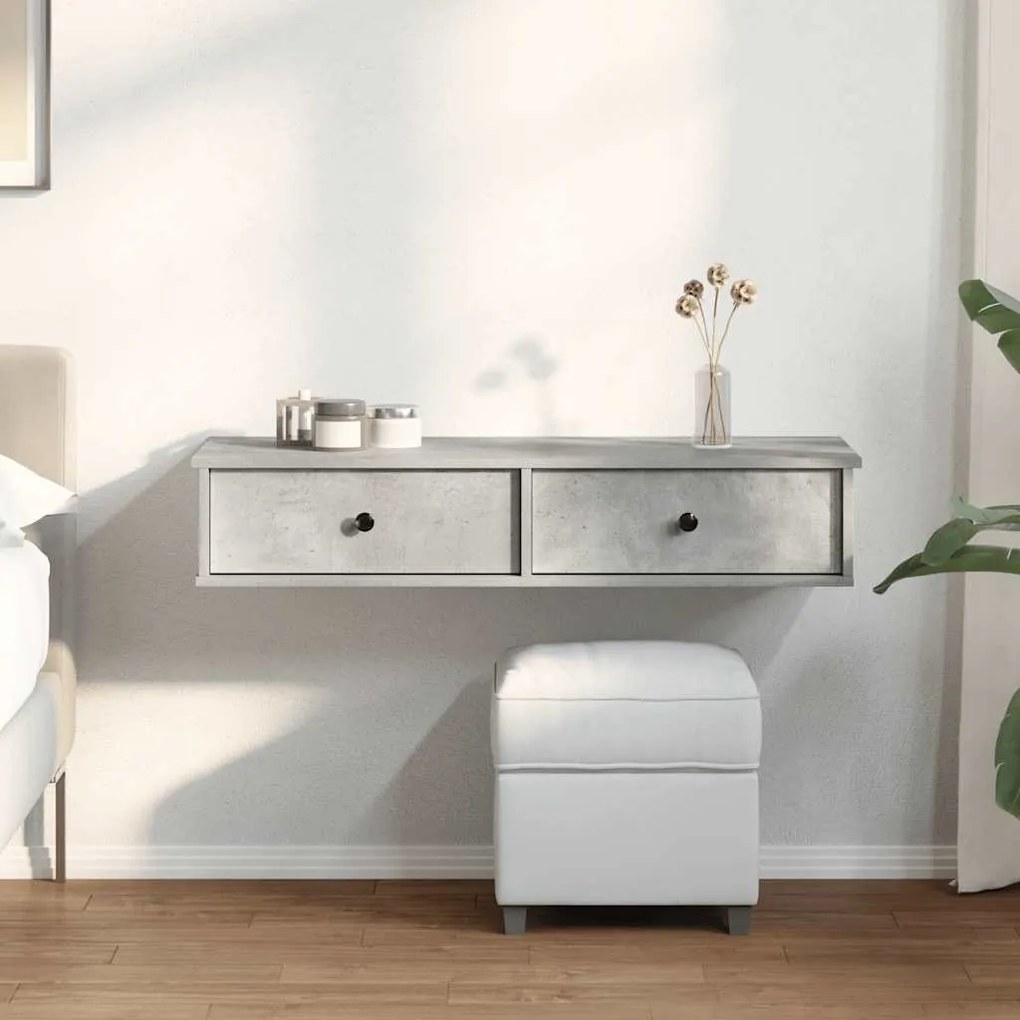 betonszürke szerelt fa falipolc fiókokkal 100 x 37,5 x 19 cm