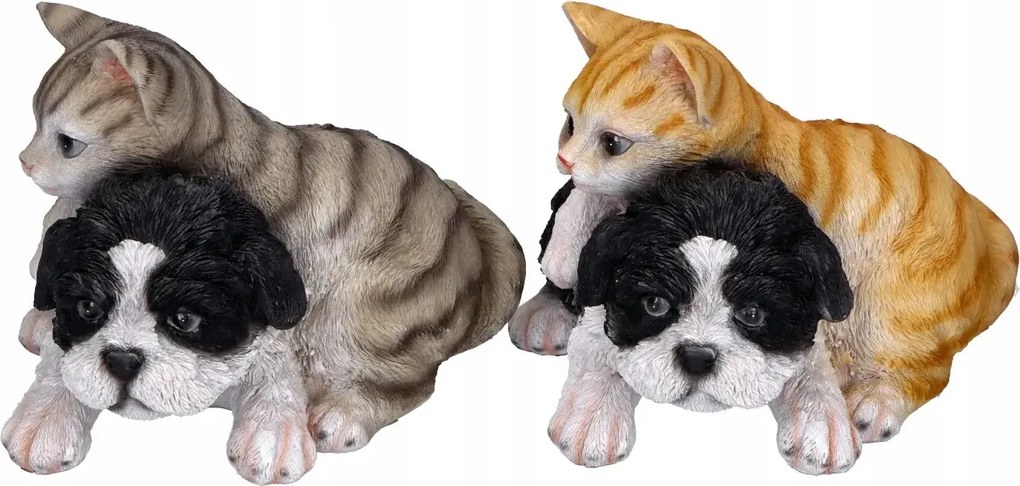 Dekoratív kutyus figura vörös-szürke cicával