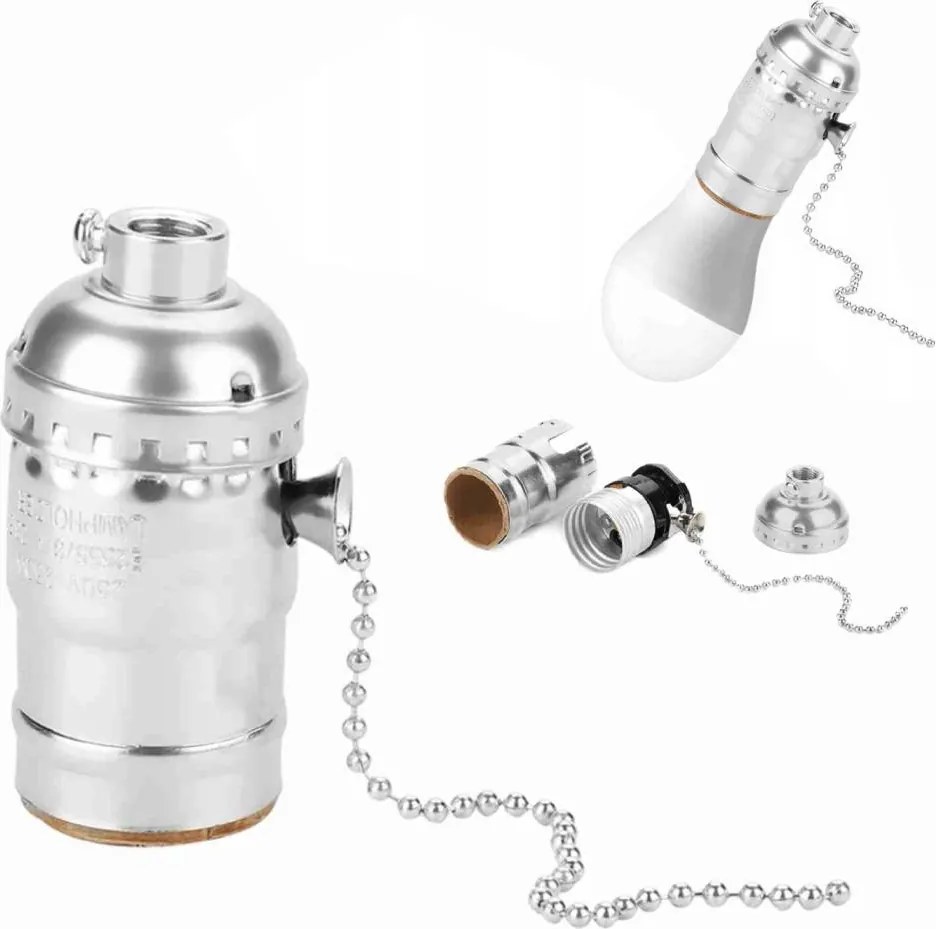 Retro Vintage Fém Foglalat E27-ES Ezüst Loft Lánccal