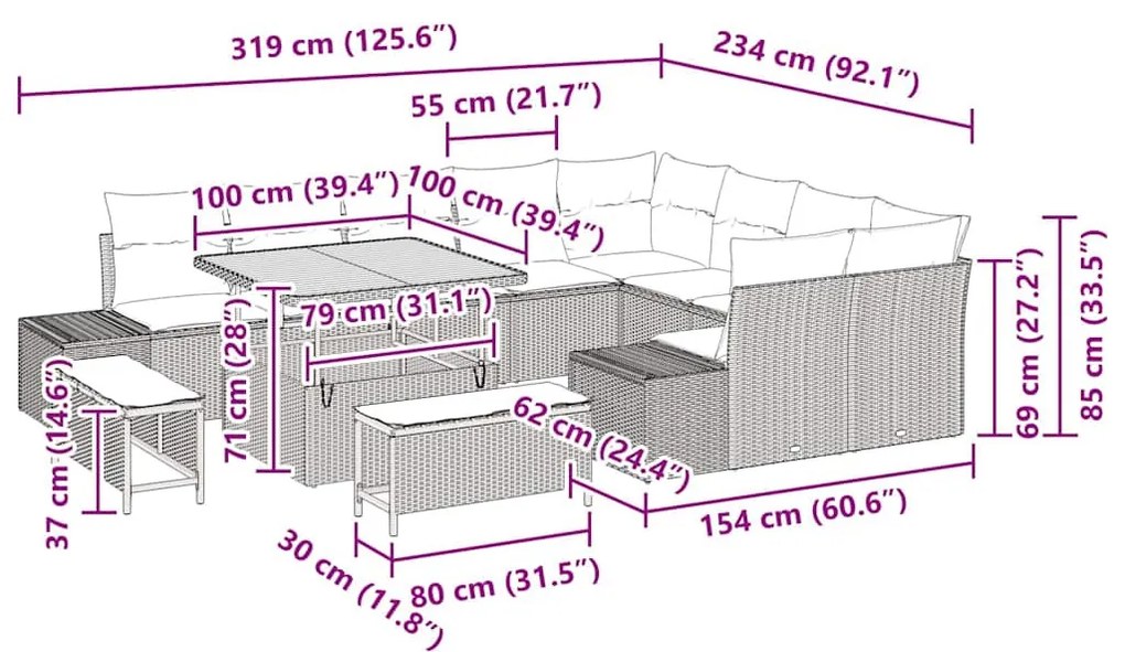 Kerti Kanapé Szett tárolóval 12 pcs Bézs Poli rattan