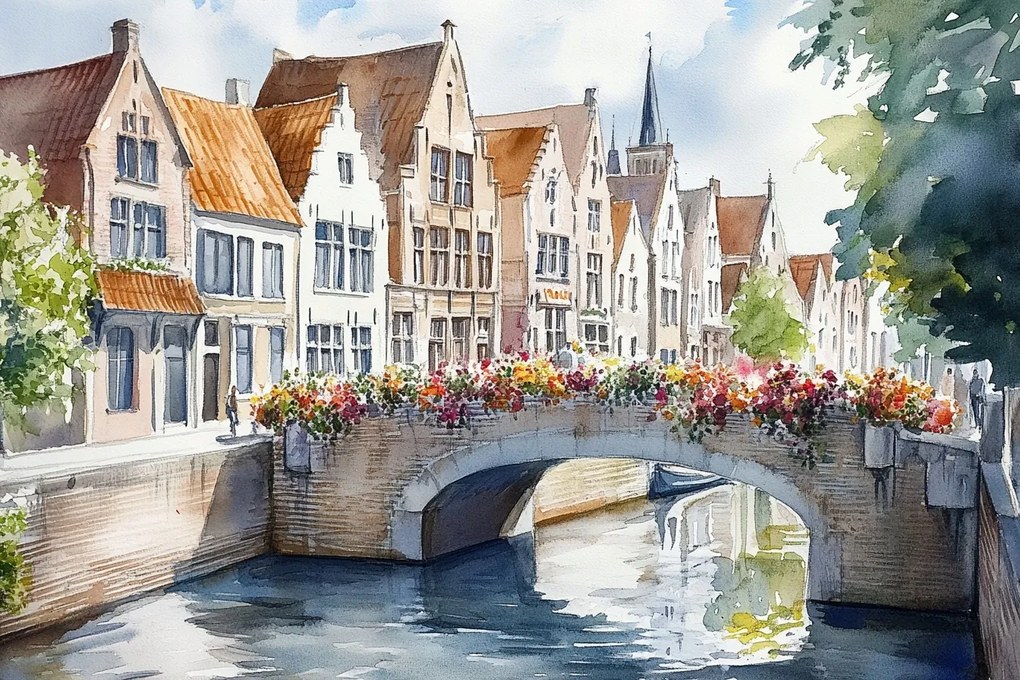 Vászonkép Canvas Város Óváros Belgium Brugge Híd Virágok 60x40